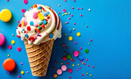 Ice cream in waffle cone with colorful sprinkles on blue backgroundの素材