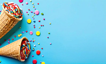 Ice cream cones with colorful candies on blue background, top viewの素材