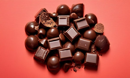 Chocolates on a red background. Chocolate candies in different shapes and colors.の素材