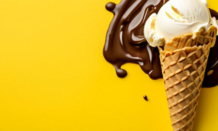 Vanilla ice cream in waffle cone with chocolate on yellow backgroundの素材