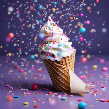 Ice cream cone with colorful sprinkles and confetti on violet backgroundの素材