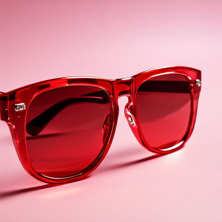 women's sunglasses with red glass on a pink background close-upの素材