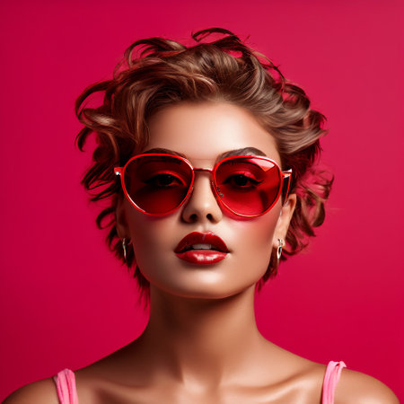 Portrait of a beautiful young woman with bright makeup and red sunglasses.の素材