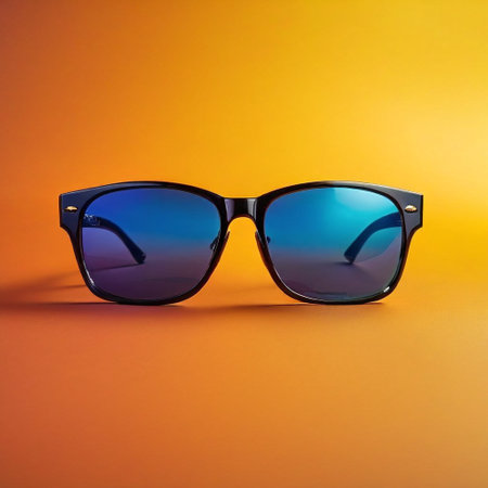 Sunglasses in an iron frame with blue lenses on an orange backgroundの素材