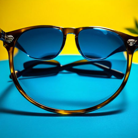 Sunglasses in an iron frame on a blue-yellow backgroundの素材