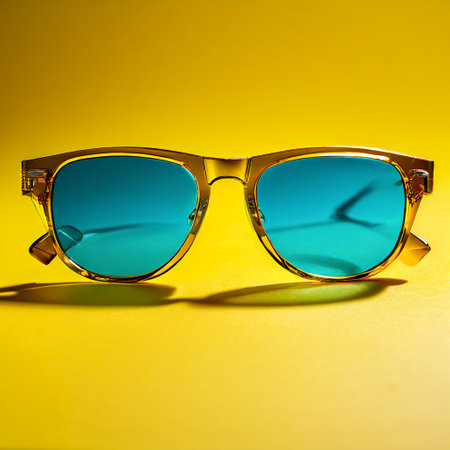 Sunglasses in an iron frame with blue lenses on a yellow backgroundの素材