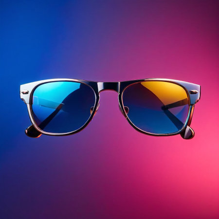 Sunglasses with blue glasses on gradient background. Fashion sunglasses.の素材