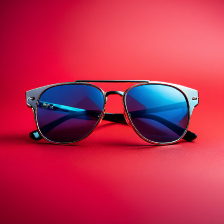 Sunglasses in an iron frame with blue lenses on a red backgroundの素材