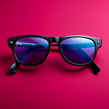 Sunglasses in a black frame on a bright pink background.の素材