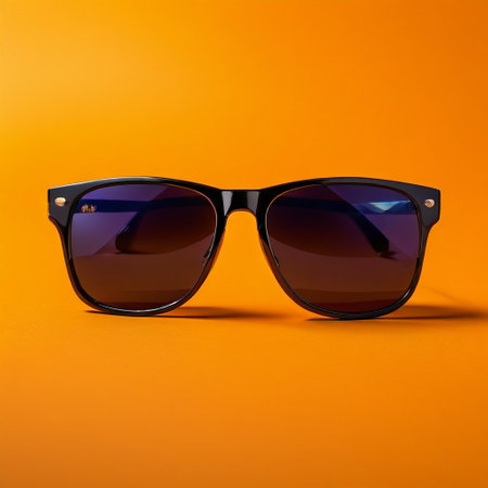 Sunglasses in an iron frame on an orange background, close-upの素材