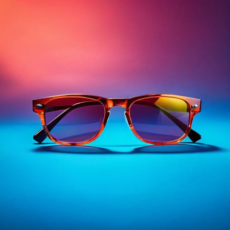 Sunglasses with orange glasses on a blue background in neon lightの素材