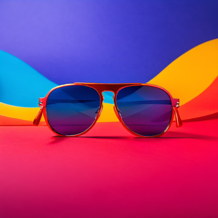 Sunglasses in an iron frame with blue glass on a colorful backgroundの素材