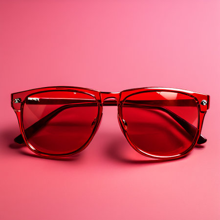 women's sunglasses with red glasses on a pink background, 3d renderの素材