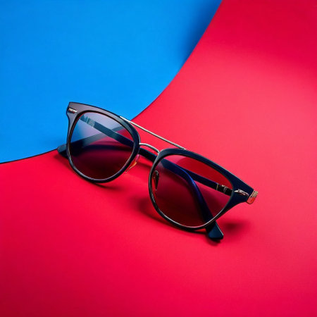 Stylish sunglasses on a red and blue background. Fashionable concept.の素材