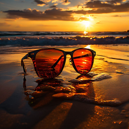 Sunglasses on the beach at sunset. Selective focus.の素材