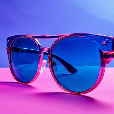 Sunglasses in a blue frame on a pink and blue backgroundの素材
