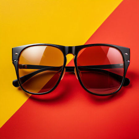 Sunglasses with black frames on a red and yellow background.の素材