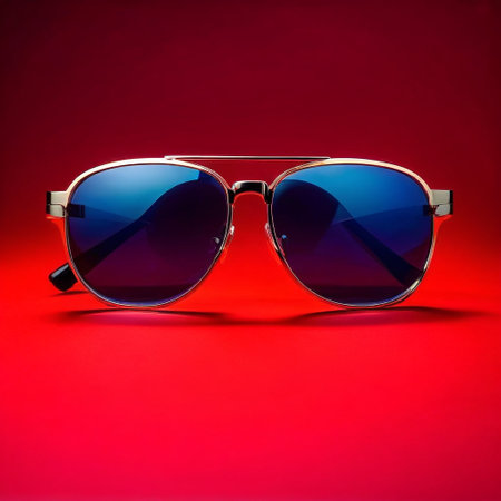 Sunglasses in an iron frame on a dark red background.の素材