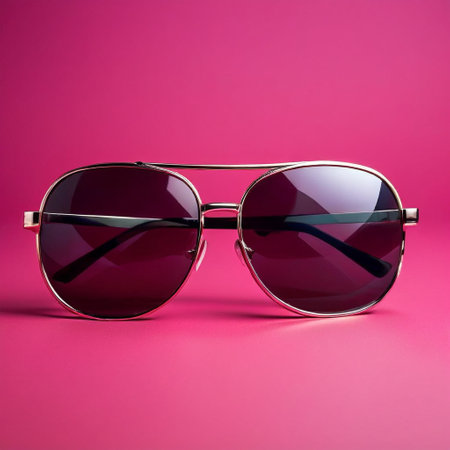 Sunglasses in an iron frame isolated on a pink background.の素材