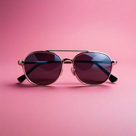 Sunglasses in an iron frame with a metal rim on a pink backgroundの素材