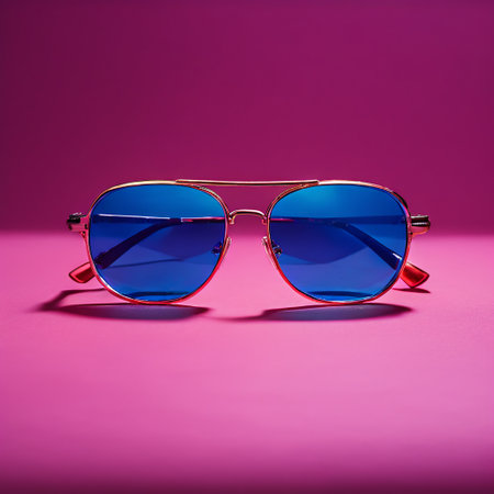 Sunglasses in an iron frame with blue lenses on a pink backgroundの素材