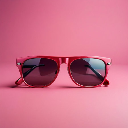 Sunglasses with red glass on a pink background. Fashionable sunglasses.の素材