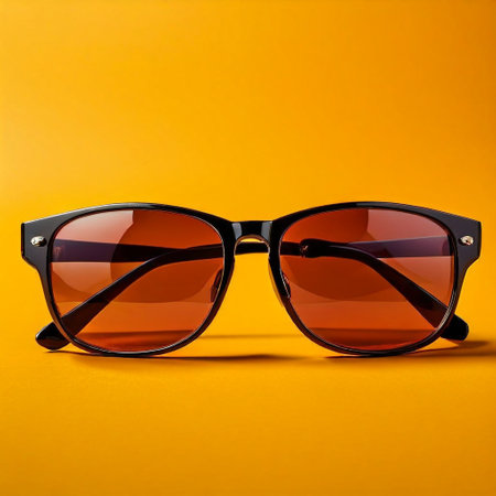 Sunglasses with brown glass on an orange background. Fashionable sunglasses.の素材