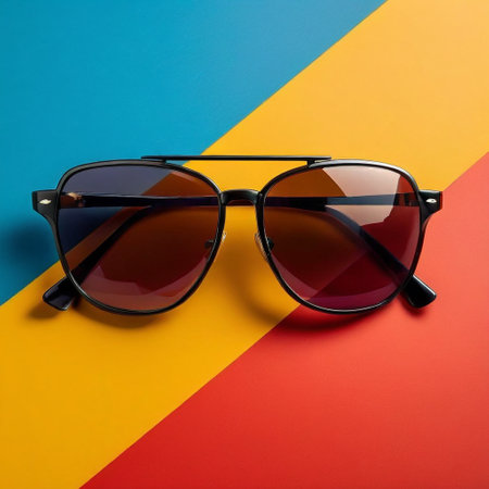 Sunglasses with black frame on colorful background. Selective focus.の素材