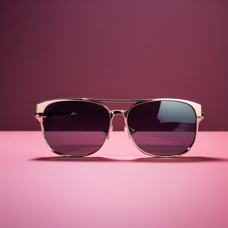 Sunglasses in an iron frame with brown glass on a pink backgroundの素材