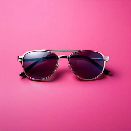 Sunglasses in an iron frame isolated on a pink background.の素材