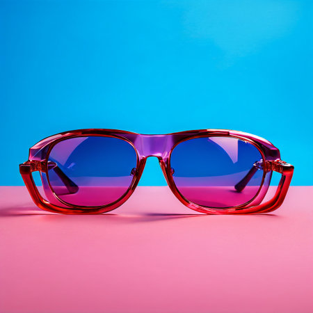 Sunglasses on blue and pink background. Trendy colors.の素材