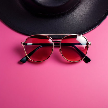 Stylish sunglasses and hat on pink background. Summer fashion concept.の素材