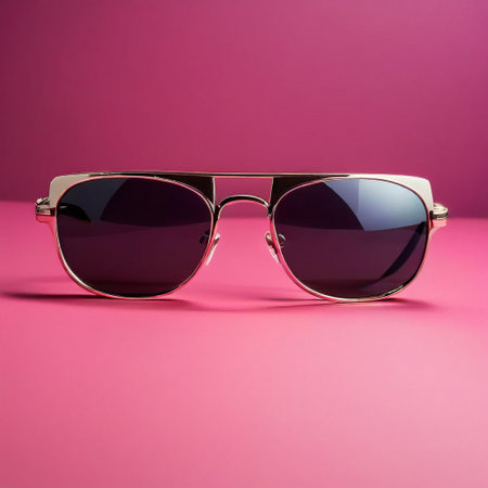 Sunglasses with brown glass in an iron frame on a pink backgroundの素材