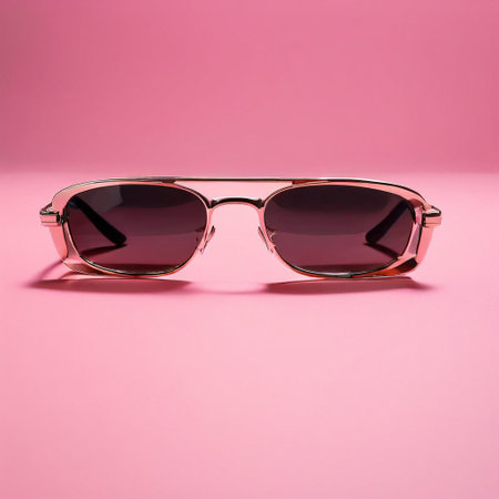 Sunglasses in an iron frame with brown glass on a pink backgroundの素材