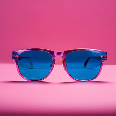 Sunglasses in an iron frame on a pink and blue backgroundの素材
