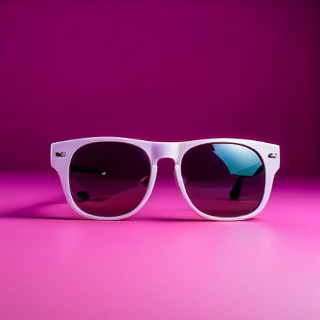 Sunglasses in an iron frame with a purple tint on a pink backgroundの素材