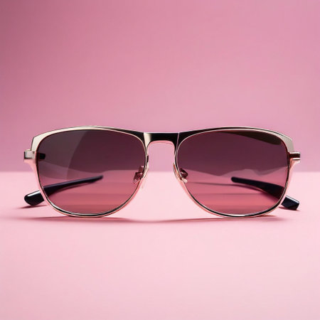 Sunglasses in an iron frame with dark glass on a pink backgroundの素材