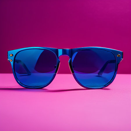 Sunglasses with blue glasses on a pink-blue background.の素材