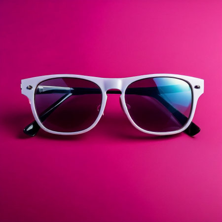 Sunglasses with blue glasses on a pink background. Selective focus.の素材