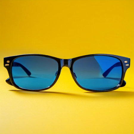 Sunglasses with blue glass on a yellow background. Selective focus.の素材