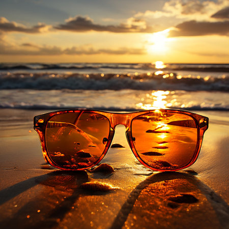 Sunglasses on the beach at sunset. Selective focus.の素材