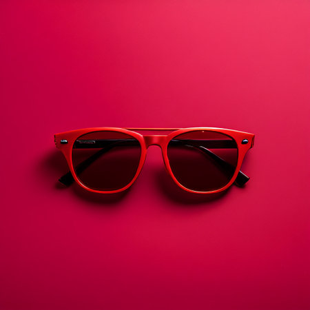Sunglasses isolated on a red background. Fashionable sunglasses.の素材