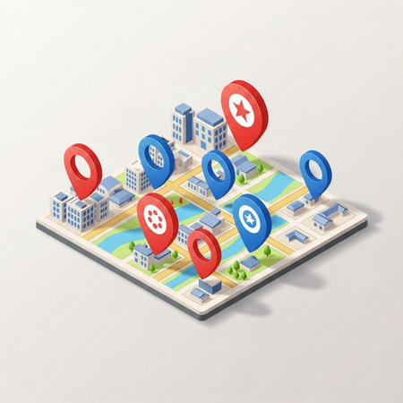 Isometric city map with red and blue pins. Vector illustration.