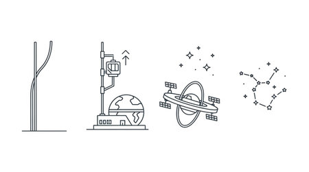 Space station and satellite. Thin line style vector illustration. Outline icon.のイラスト素材