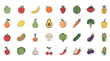 vegetables and fruits icon set over white background, line style, vector illustrationのイラスト素材