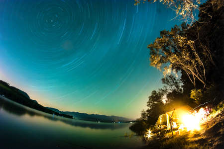 Star Trails over Lake Liptovska Mara, Slovakiaの写真素材