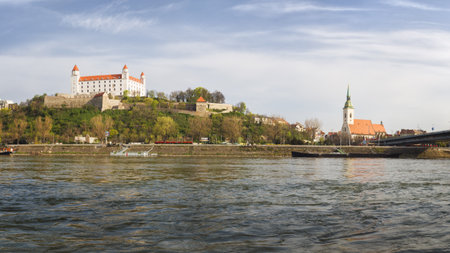 Bratislava, Slovakia - April 7th 2016: View of Bratislava Castle standing on the Hill above Danube River in the Centre of Capital City of Slovakia.のeditorial素材