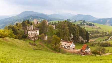Sklabina, Slovakia - May 1st 2015: Ruins of Medieval Castle Sklabina near the City Martin Built in the first half of 13th Century and Destroyed during the Second World War by German Forces in 1944.のeditorial素材