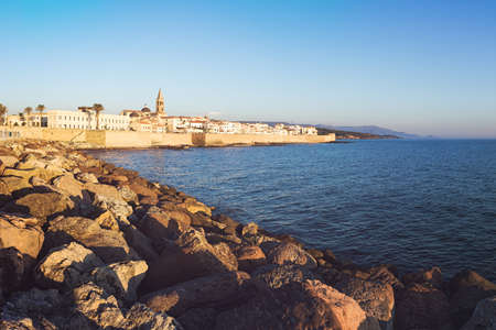 View of the Historical Center of Alghero City from the Sea, Province of Sassari, Sardinia, Italyの写真素材