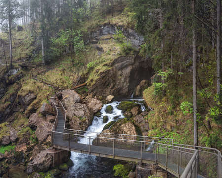 75m Tall Golling Waterfall (Golling Falls) located near the City of Salzburg near the Village of Golling an der Salzach, Austriaの写真素材